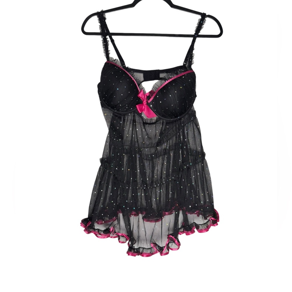 Frederick’s of Hollywood Sheer Babydoll Lingerie Size 36 Black Pink Ruffle Mesh